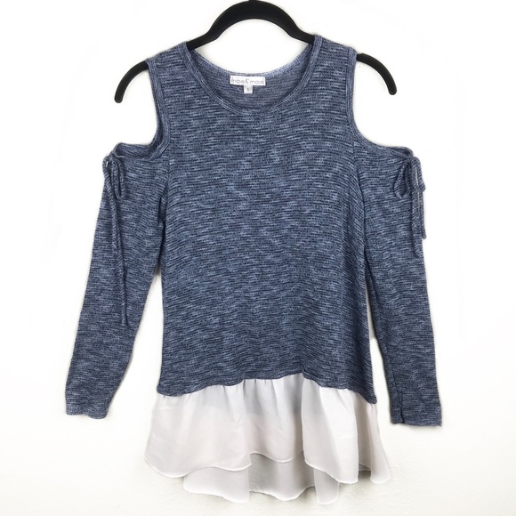 Moa Moa Blue Cold Shoulder Sweater Top Ruffles - Picture 1 of 6